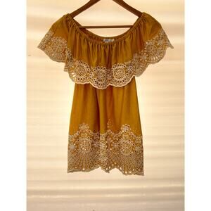 Fever Boho Mustard Yellow Off Shoulder Tunic Dress Mirror Eyelet Embroidery M